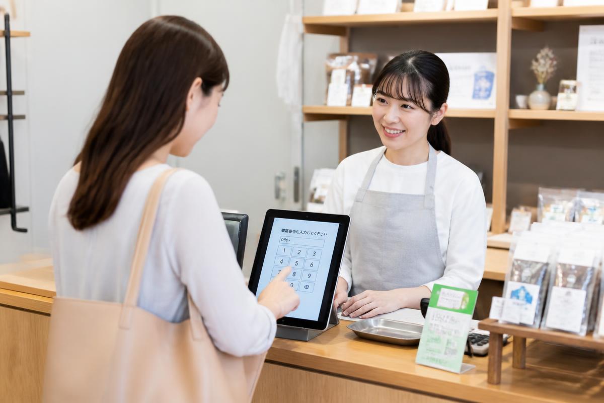 店舗のレジでタブレットに電話番号を入力するお客様